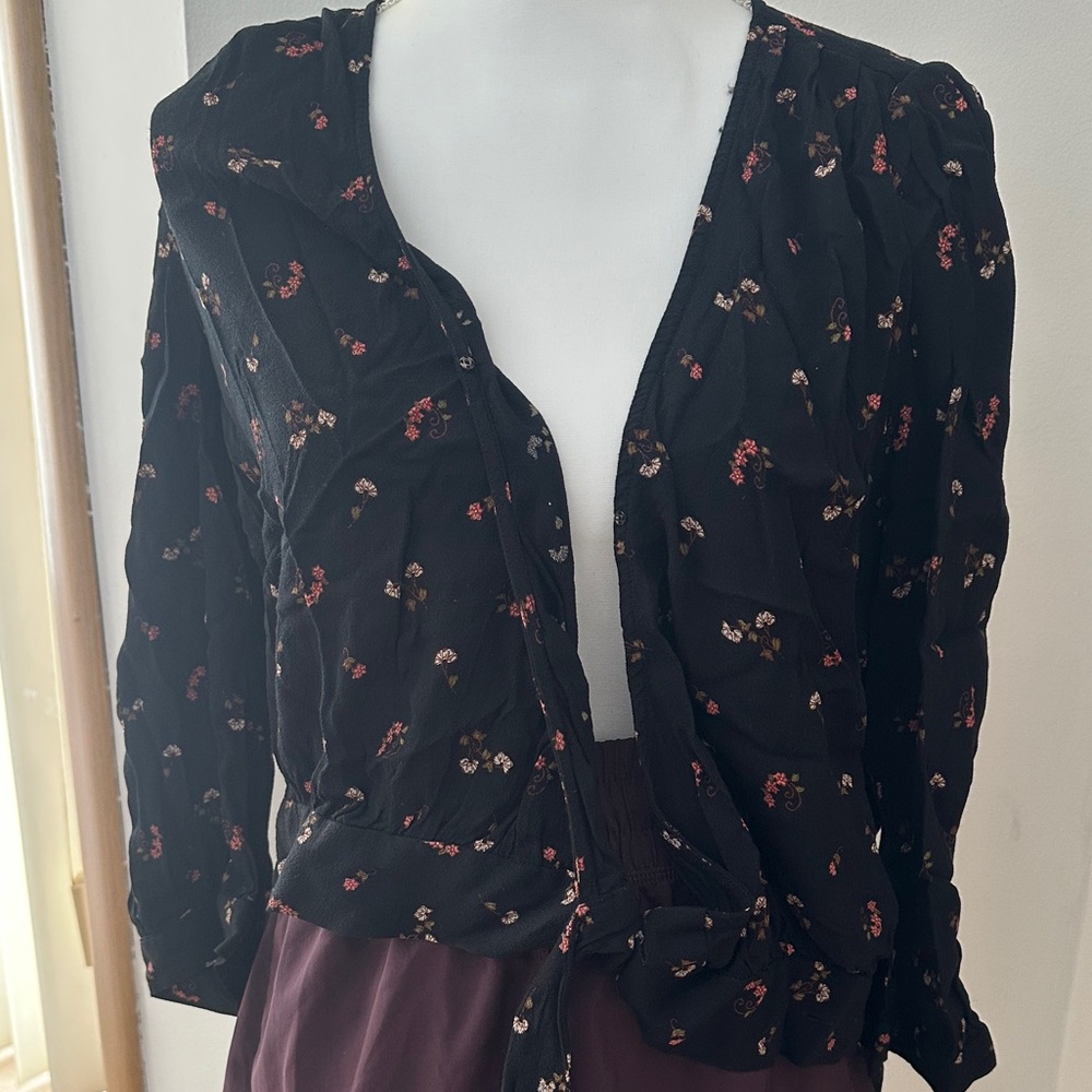 Floral Black Blouse with Tie Front